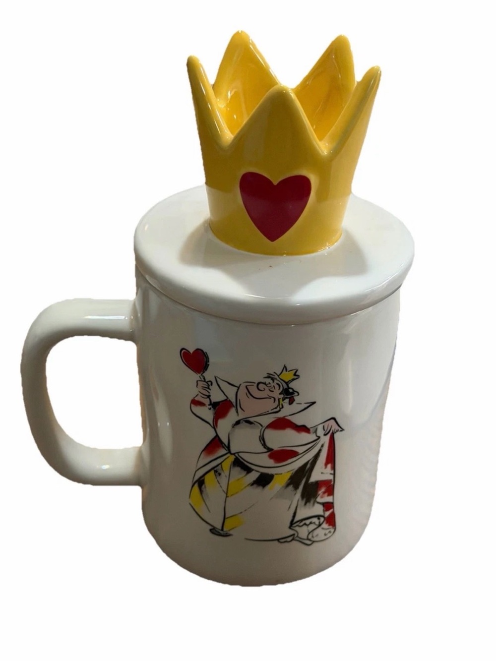 Rae Dunn Disney Alice in Wonderland Queen Of Hearts Doube Sided Mug With Topper
